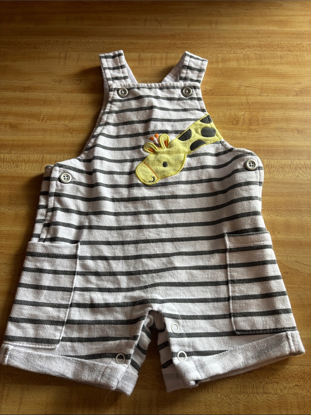First Impressions Gray & White Striped Overalls with Yellow Giraffe Appliqué